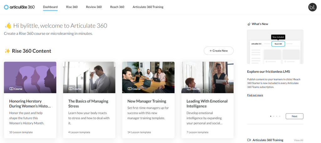 Find development possibilities in Articulate Rise after you log in