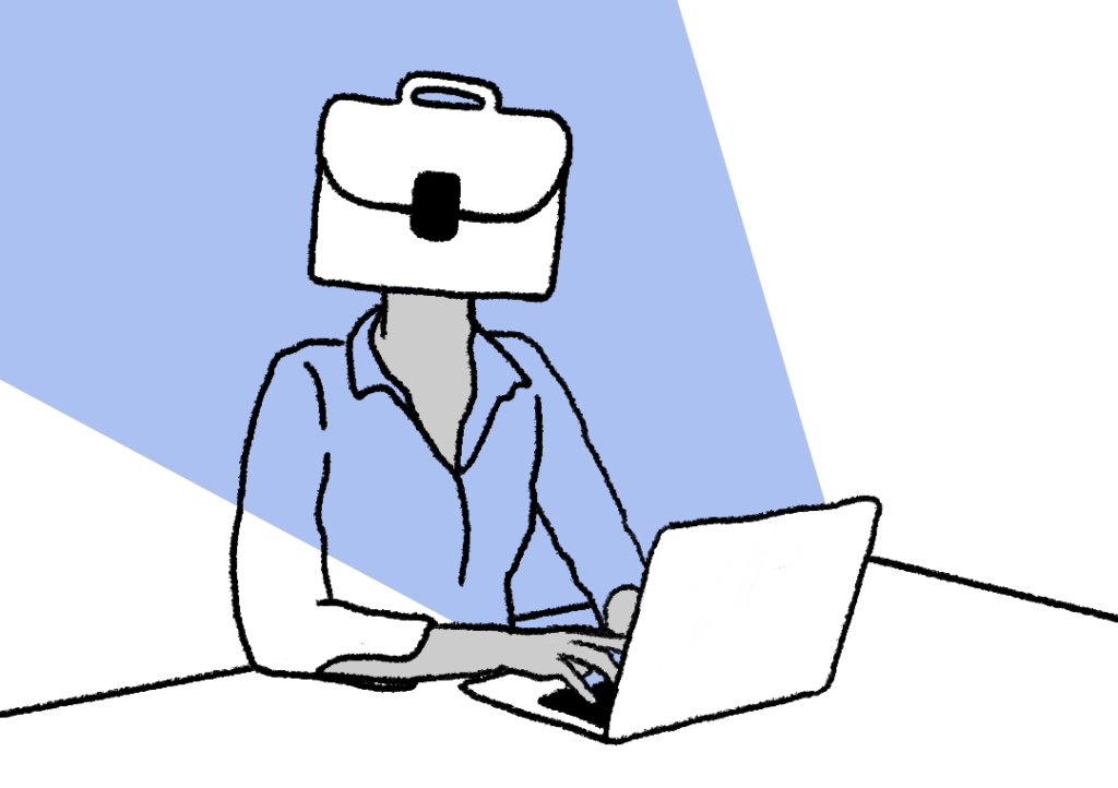 Abstract illustration of a figure with a briefcase as a head, wearing a light blue shirt, typing on a dark gray laptop. The background is divided into light blue and dark gray sections.