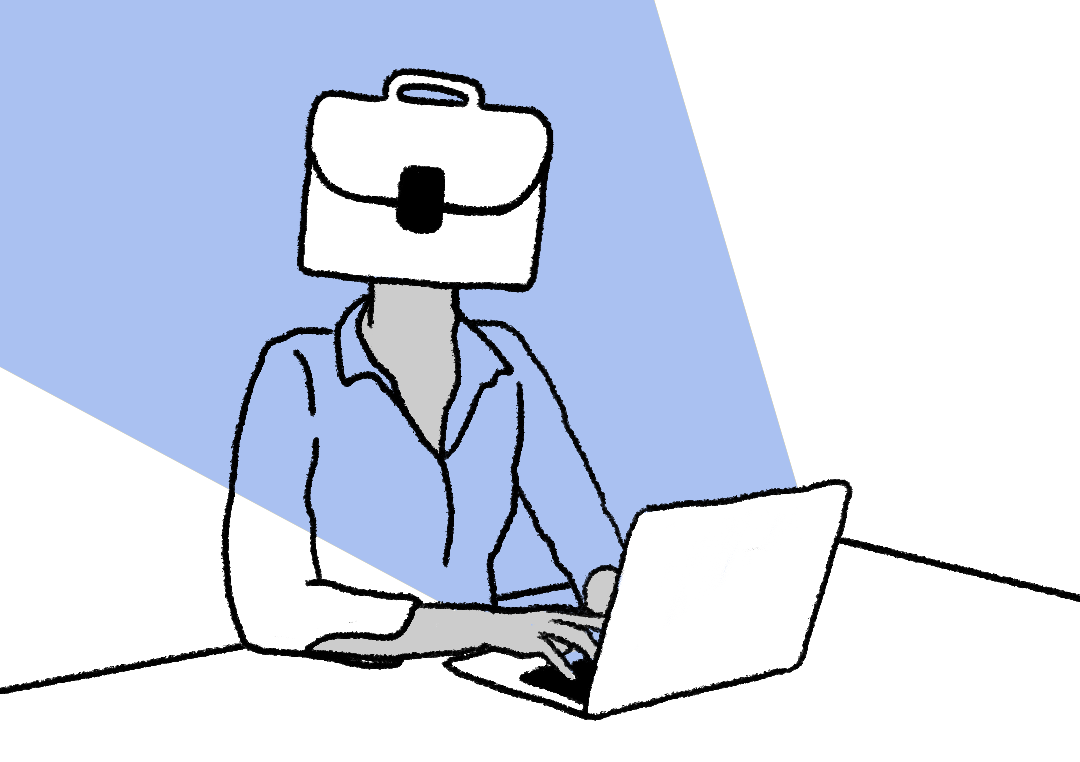 Abstract illustration of a figure with a briefcase as a head, wearing a light blue shirt, typing on a dark gray laptop. The background is divided into light blue and dark gray sections.