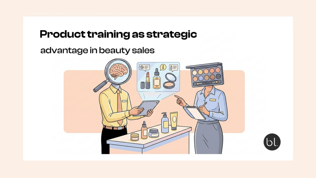 Two beauty sales professionals talking at a counter about product training in beauty sales.